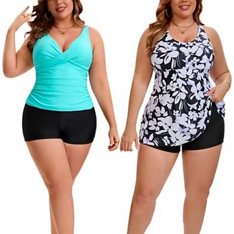 2 Packs Women's Plus Size 2 pc Swimwear, Ruched Tankini Board Shorts & Floral Flowy Swimsuit Sets