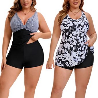 2 Packs Women's Plus Size 2 pc Swimwear, Ruched Tankini Board Shorts & Floral Flowy Swimsuit Sets