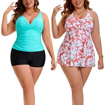2 Packs Women's Plus Size 2 pc Swimwear, Ruched Tankini Board Shorts & Floral Flowy Swimsuit Sets