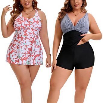2 Packs Women's Plus Size 2 pc Swimwear, Ruched Tankini Board Shorts & Floral Flowy Swimsuit Sets