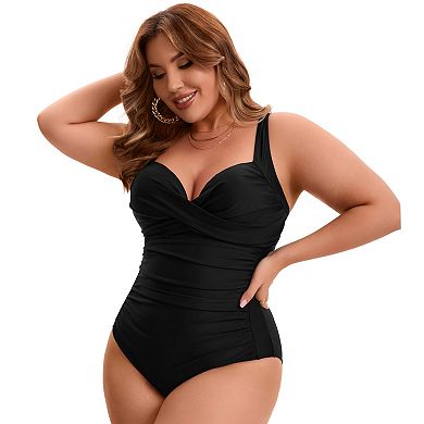 2 Packs Women's Plus Size 1 Pc Swimsuit, Front Cross V-neck Swimwear & Classic Crew Neck Swimsuits