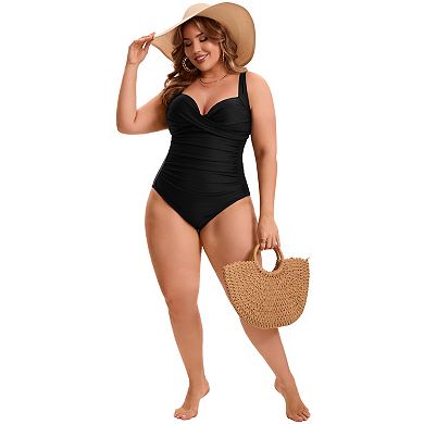 2 Packs Women's Plus Size 1 Pc Swimsuit, Front Cross V-neck Swimwear & Classic Crew Neck Swimsuits