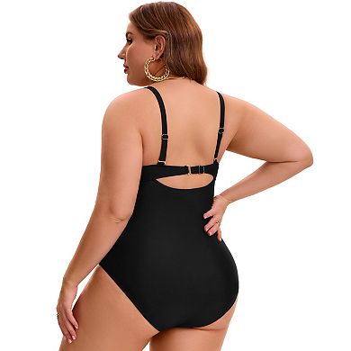 2 Packs Women's Plus Size 1 Pc Swimsuit, Front Cross V-neck Swimwear & Classic Crew Neck Swimsuits