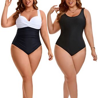2 Packs Women's Plus Size 1 pc Swimsuit, Front Cross V-neck Swimwear & Classic Crew Neck Swimsuits