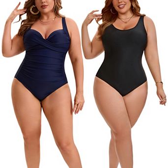 2 Packs Women's Plus Size 1 pc Swimsuit, Front Cross V-neck Swimwear & Classic Crew Neck Swimsuits
