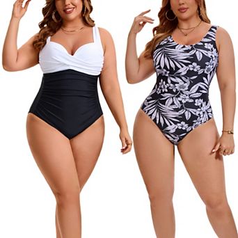 2 Packs Women's Plus Size 1 pc Swimsuit, Front Cross V-neck Swimwear & Classic Crew Neck Swimsuits