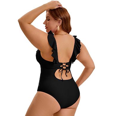2 Packs Women's Plus Size 1 Piece Swimsuit, Ruffled V Neck Bathing Suit & V-Wire Cutout Swimwear