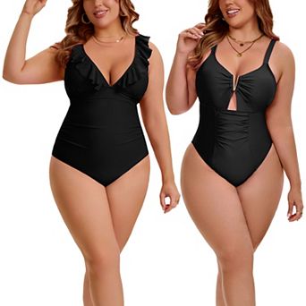 2 Packs Women's Plus Size 1 pc Swimsuit, Ruffled V Neck Bathing Suit & V-Wire Cutout Swimwear