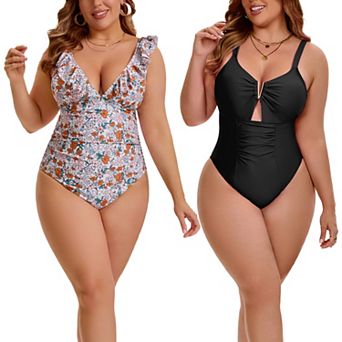2 Packs Women's Plus Size 1 pc Swimsuit, Ruffled V Neck Bathing Suit & V-Wire Cutout Swimwear
