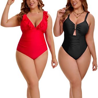 2 Packs Women's Plus Size 1 pc Swimsuit, Ruffled V Neck Bathing Suit & V-Wire Cutout Swimwear