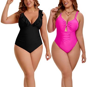 2 Packs Women's Plus Size 1 pc Swimsuit, Ruffled V Neck Bathing Suit & V-Wire Cutout Swimwear