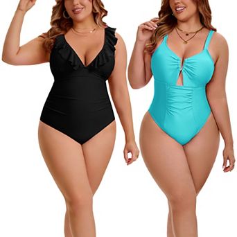 2 Packs Women's Plus Size 1 pc Swimsuit, Ruffled V Neck Bathing Suit & V-Wire Cutout Swimwear