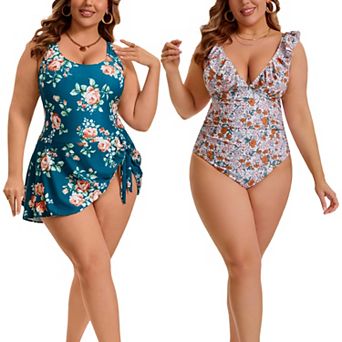 2 Pack Women's Plus Size 1 pc Swimsuit, Ruffled V Neck Swimwear & Tie Knot Swimsuit w Built-In Short