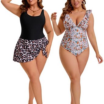 2 Pack Women's Plus Size 1 pc Swimsuit, Ruffled V Neck Swimwear & Tie Knot Swimsuit w Built-In Short