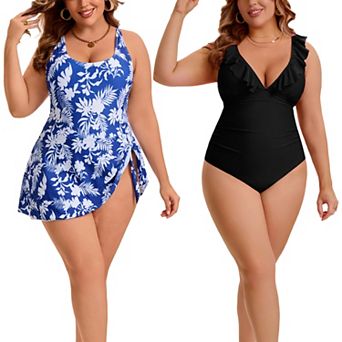 2 Pack Women's Plus Size 1 pc Swimsuit, Ruffled V Neck Swimwear & Tie Knot Swimsuit w Built-In Short