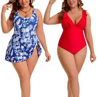 2 Pack Women's Plus Size 1 pc Swimsuit, Ruffled V Neck Swimwear & Tie Knot Swimsuit w Built-In Short