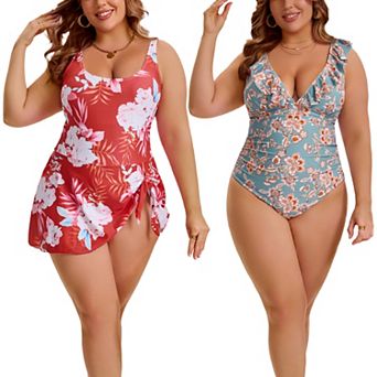 2 Pack Women's Plus Size 1 pc Swimsuit, Ruffled V Neck Swimwear & Tie Knot Swimsuit w Built-In Short