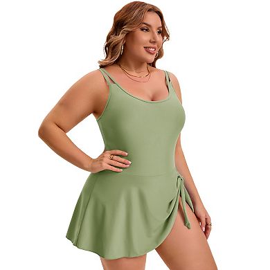 2 Packs Women's Plus Size 1 Pc Tie Knot Printed Pattern & Solid Color Swimwear with Built-In Shorts