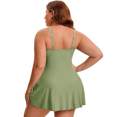 2 Packs Women's Plus Size 1 Pc Tie Knot Printed Pattern & Solid Color Swimwear with Built-In Shorts