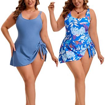 2 Packs Women's Plus Size 1 pc Tie Knot Printed Pattern & Solid Color Swimwear with Built-In Shorts