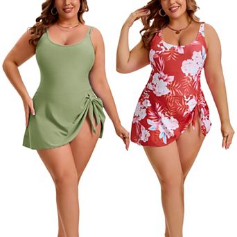 2 Packs Women's Plus Size 1 pc Tie Knot Printed Pattern & Solid Color Swimwear with Built-In Shorts
