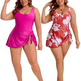 2 Packs Women's Plus Size 1 pc Tie Knot Printed Pattern & Solid Color Swimwear with Built-In Shorts