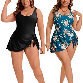 2 Packs Women's Plus Size 1 pc Tie Knot Printed Pattern & Solid Color Swimwear with Built-In Shorts