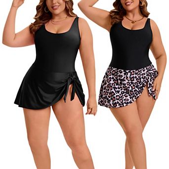 2 Packs Women's Plus Size 1 pc Tie Knot Printed Pattern & Solid Color Swimwear with Built-In Shorts