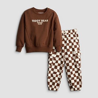 Baby & Toddler Boy Grayson Threads Kids The Label 2 pc Teddy Bear Crewneck Pullover & Checkered Joggers Set