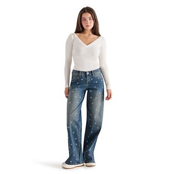 Juniors' madden girl Mid Rise Eyelet 90s Denim Jeans