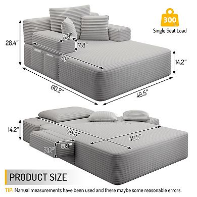 Boneless Chaise Lounge Chair, 2 in 1 Corduroy Chaise Convertible Sofa Bed