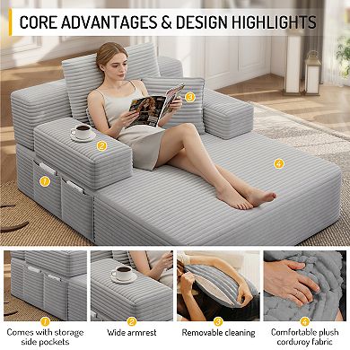 Boneless Chaise Lounge Chair, 2 in 1 Corduroy Chaise Convertible Sofa Bed