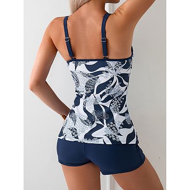 Women’s Abstract Print Tankini Swimsuit with Double Straps & Boy Shorts