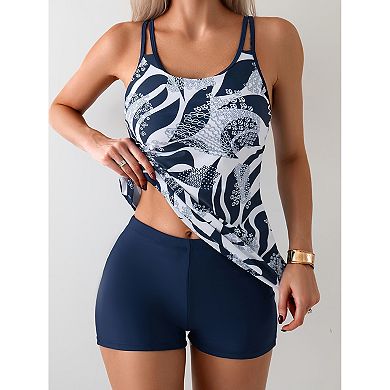 Women’s Abstract Print Tankini Swimsuit with Double Straps & Boy Shorts
