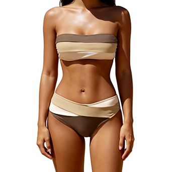 Women's Color Block Bandeau Bikini Set with Mid-Rise Bottoms