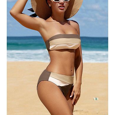 Women's Color Block Bandeau Bikini Set with Mid-Rise Bottoms