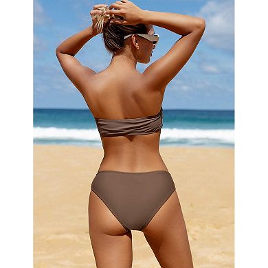 Women's Color Block Bandeau Bikini Set with Mid-Rise Bottoms