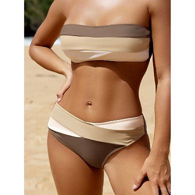 Women's Color Block Bandeau Bikini Set with Mid-Rise Bottoms