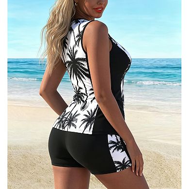 Women’s Tropical Print Two-Piece Tankini Swimsuit with Zipper Front & Boy Shorts