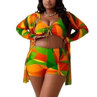 Women's 3 pc Swimwear Set - Tie-Front Bikini, High-Waisted Shorts & Cover-Up