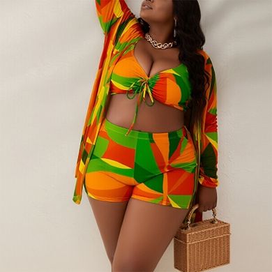 Women's 3-Piece Swimwear Set - Tie-Front Bikini, High-Waisted Shorts & Cover-Up