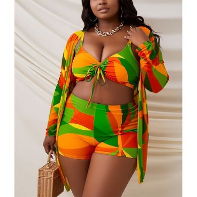 Women's 3-Piece Swimwear Set - Tie-Front Bikini, High-Waisted Shorts & Cover-Up