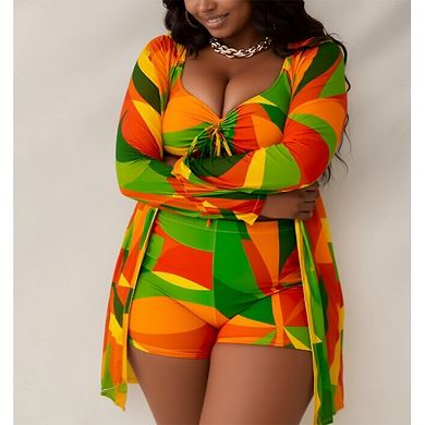 Women's 3-Piece Swimwear Set - Tie-Front Bikini, High-Waisted Shorts & Cover-Up