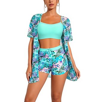 Women’s Tropical Floral 3 pc Swimsuit with Crop Top, Shorts & Kimono Cover-Up
