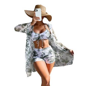 Women’s Tropical Print 3 pc Swimsuit with Bikini Top, Shorts & Cover-Up