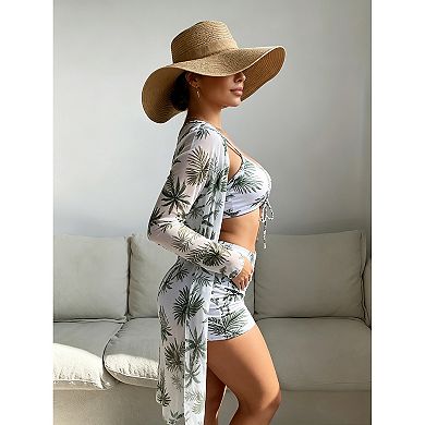 Women’s Tropical Print 3-Piece Swimsuit with Bikini Top, Shorts & Cover-Up