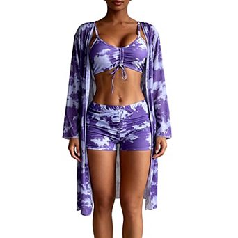 Women’s Tie-Dye 3 pc Swimsuit with Drawstring Top, Ruched Shorts & Long Cover-Up