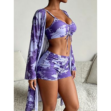 Women’s Tie-Dye 3-Piece Swimsuit with Drawstring Top, Ruched Shorts & Long Cover-Up