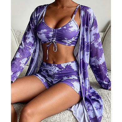 Women’s Tie-Dye 3-Piece Swimsuit with Drawstring Top, Ruched Shorts & Long Cover-Up
