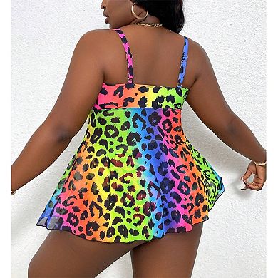 Women’s Ombre Leopard Print Tankini Swimsuit with Flowy Skirted Top